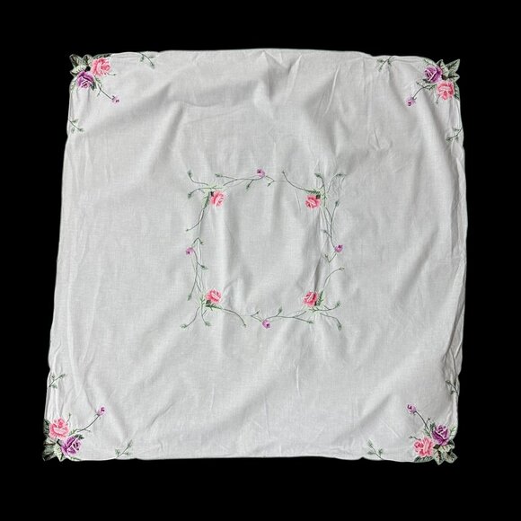 Vintage Embroidered White Tablecloth Pink Purple Rose Flower Small Square Floral - Picture 2 of 7